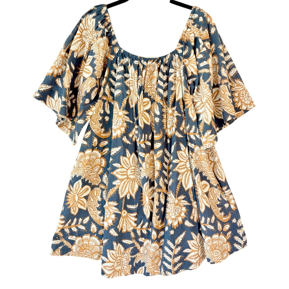 Figue‎ Womens Small Blue Brown Floral Block Print Cotton Tunic Dress Pockets
